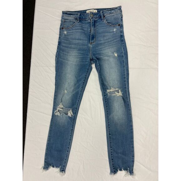 Abercrombie and Fitch Distressed Light Wash Denim Jeans with Raw Hem Detail 27/4 - Picture 1 of 4